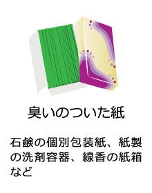 臭いのついた紙（石鹸の個別包装紙、紙製の洗剤容器、線香の紙箱など）